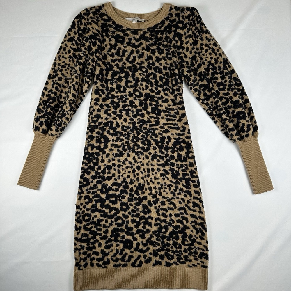 LOFT Leopard Print Knit Sweater Dress XS Balloon Sleeve Animal Print Tan Black
